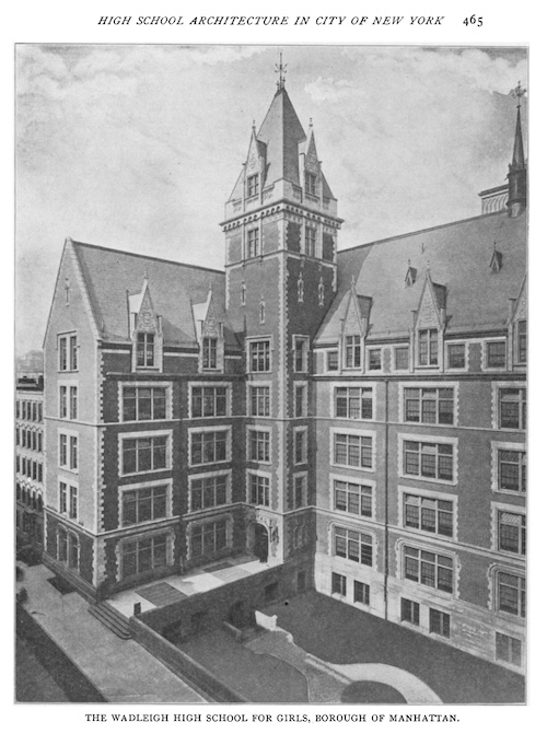 Black and white photo of Wadleigh's Gothic-style exterior in 1903