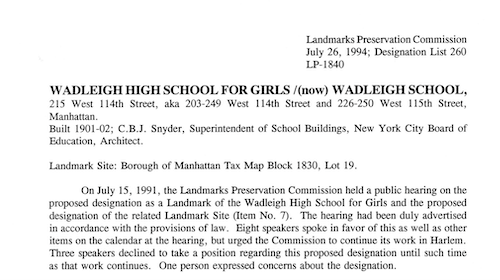 First page of application to make Wadleigh a landmark