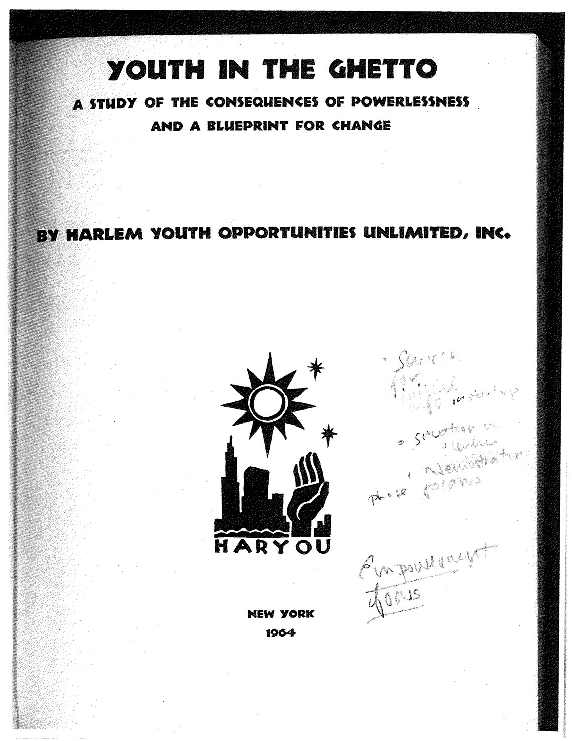 Title Page, HARYOU, _Youth in the Ghetto_