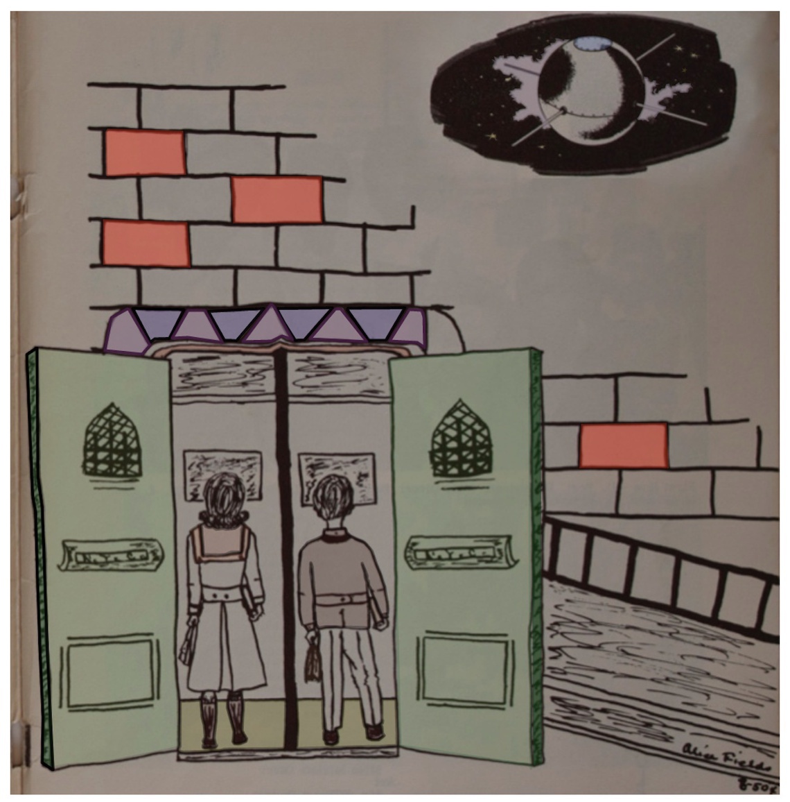 Illustration by Esther Cyna, based on student illustrations in _Wadleigh Way_, 1965 and 1966.