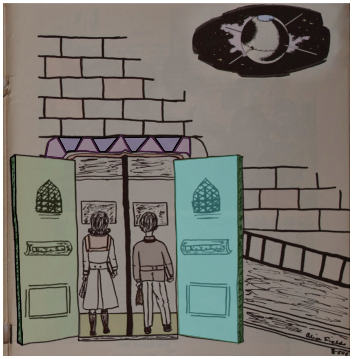 Illustration by Esther Cyna, based on student illustrations in _Wadleigh Way_, 1965 and 1966.