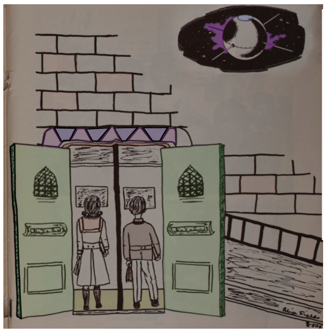 Illustration by Esther Cyna, based on student illustrations in _Wadleigh Way_, 1965 and 1966.