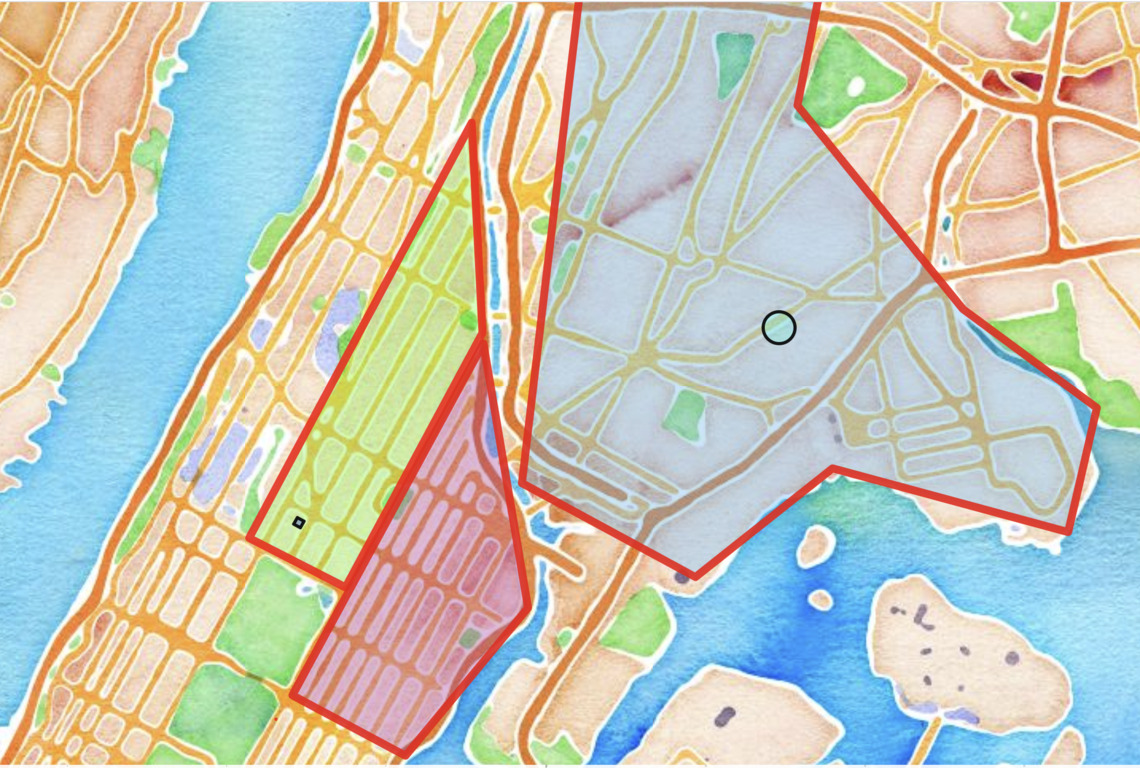 Map indicating Harlem and the South Bronx, New York City