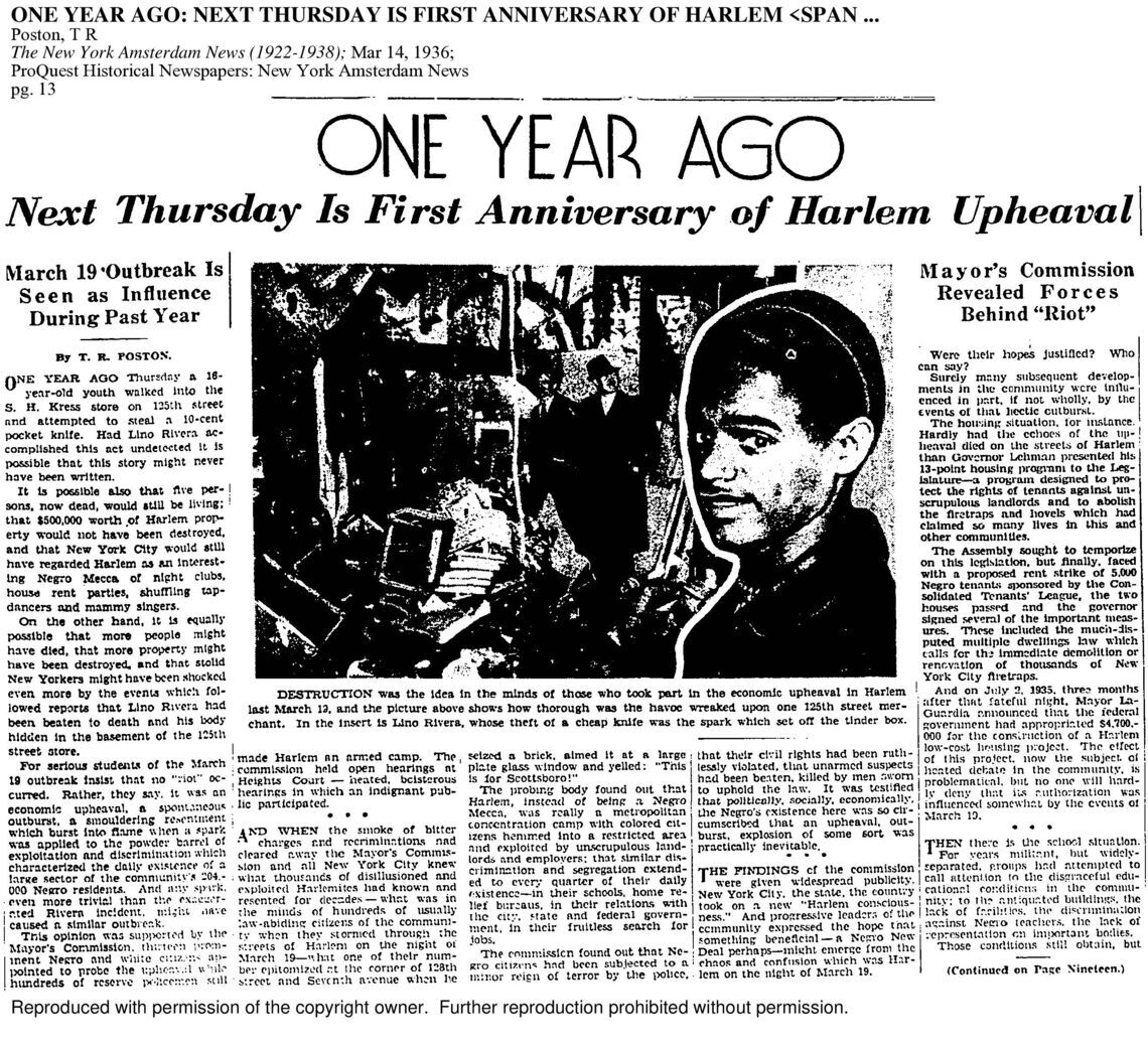 One Year Ago: Next Thursday Is First Anniversary of Harlem Upheaval March 19 Outbreak Is Seen as Influence During Past Year Mayor's Commission Revealed Forces Behind "Riot"